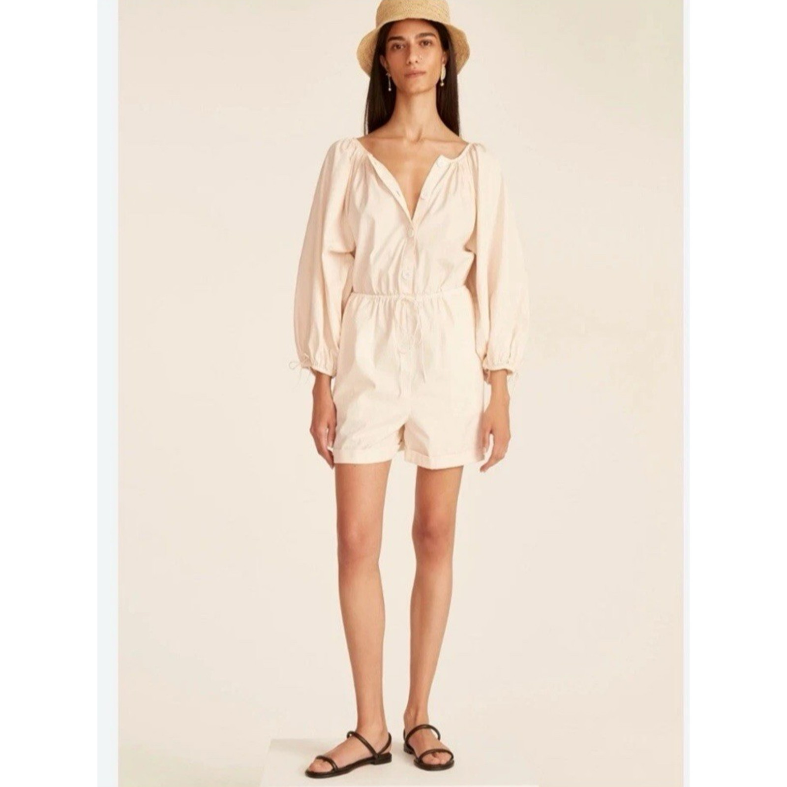 J Crew XXL Cotton Poplin Tie-Sleeve Button Front Romper Palest Peach Neutral