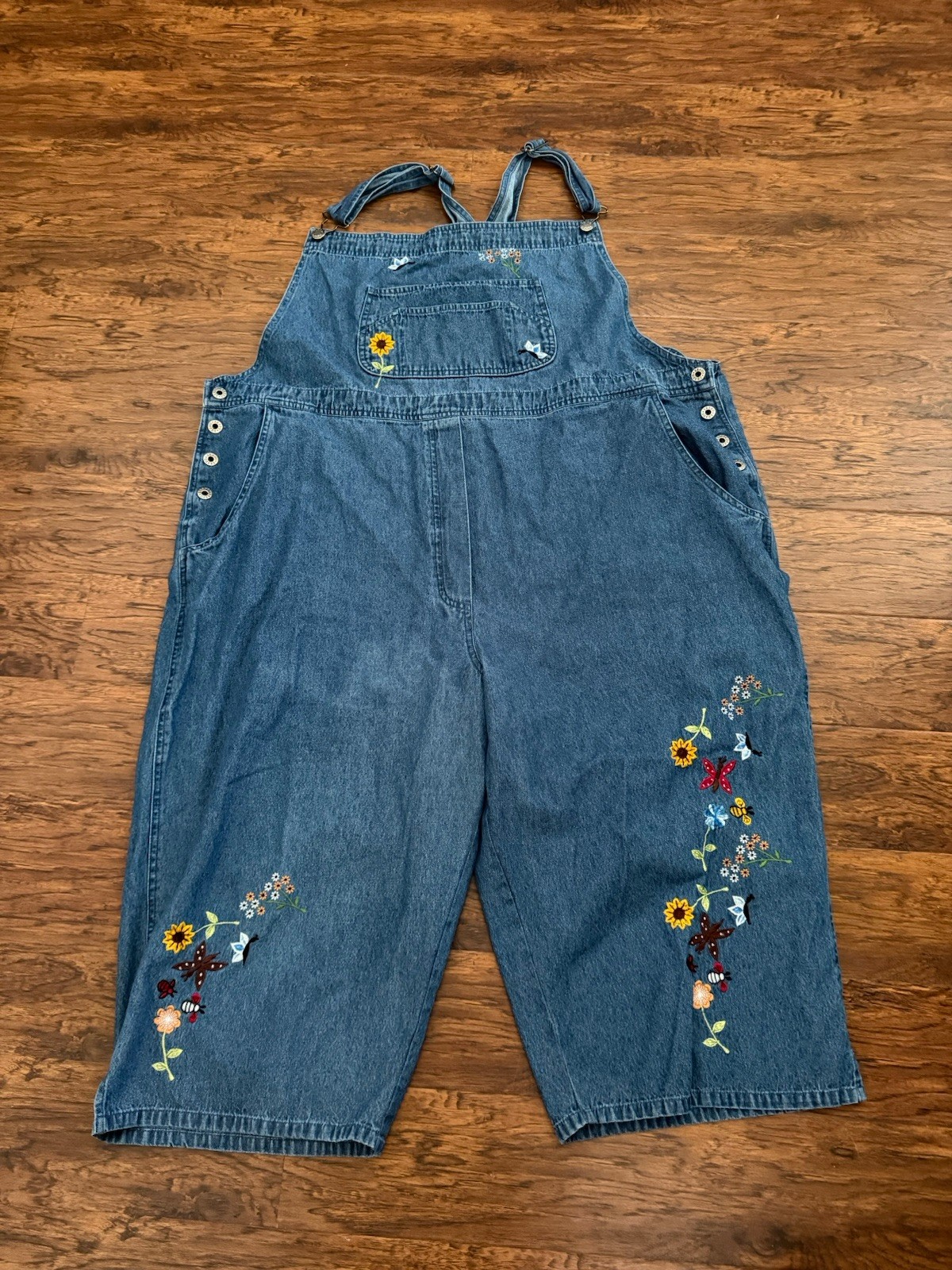 Agapo Womens Embroidered Floral Butterfly Denim Overalls Cottagecore Sz 3X