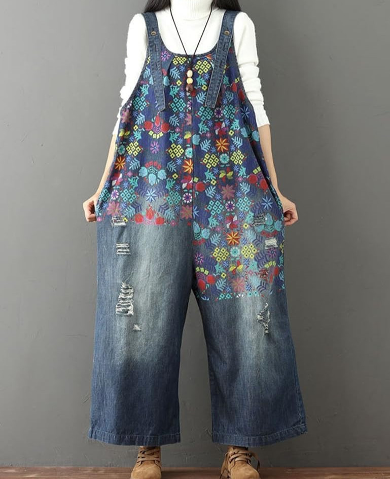 NWT Yeokou Floral Painted Loose Baggy Distressed Denim Overalls Pocket Blue O/S