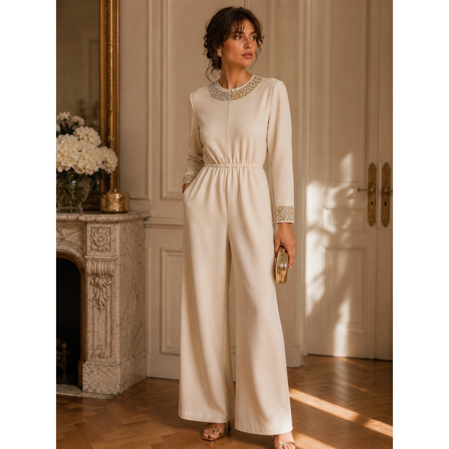 St John Santana Knit Jumpsuit Beaded Cream Gold Vintage Luxe Evening Wear