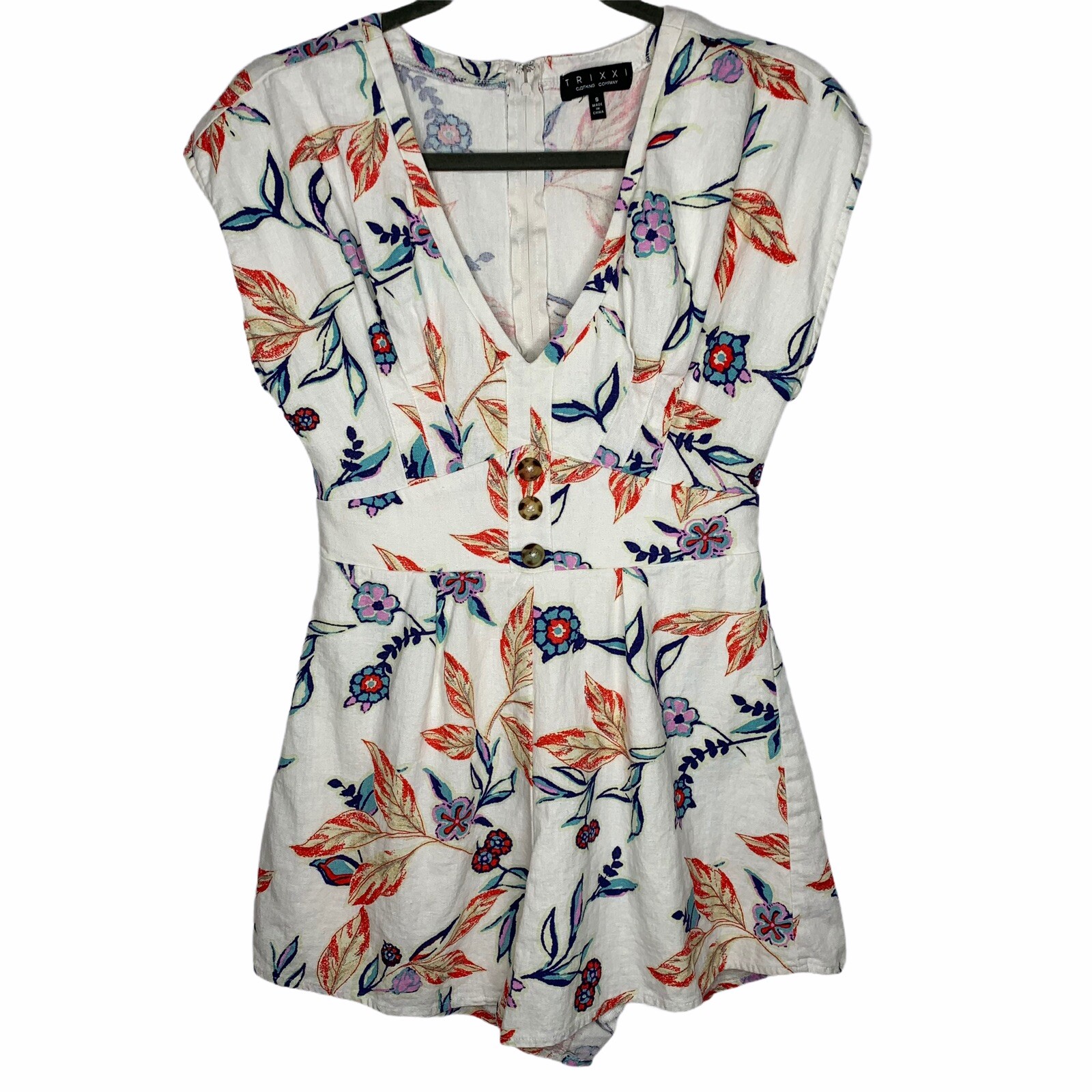 Trixxi Juniors Small Romper Floral Linen Shorts One Piece Rear Zip Cap Sleeve
