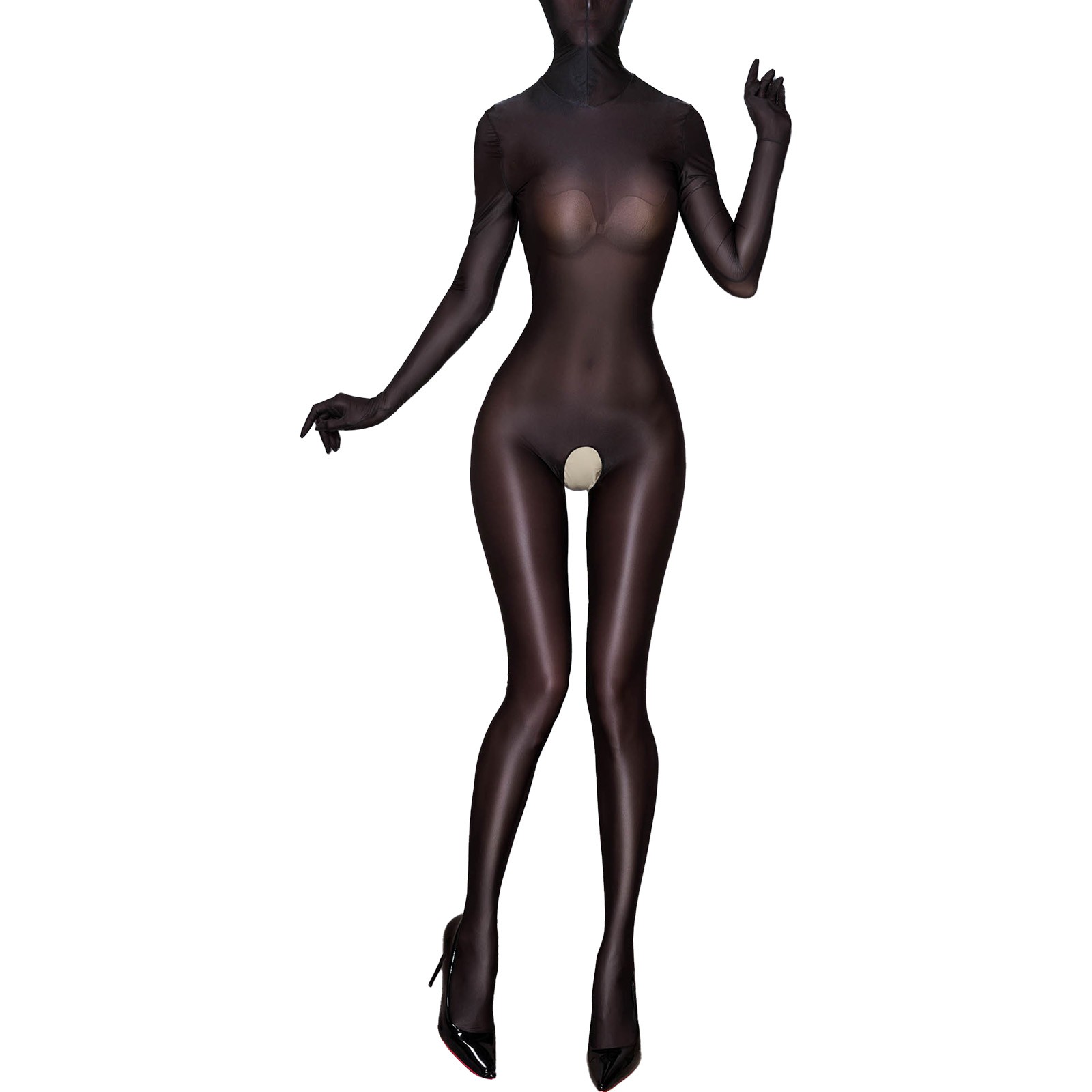 Women’s Oil Glossy Hollow Out Bodysuit Mesh Catsuit Leotard Full Body Jumpsuits