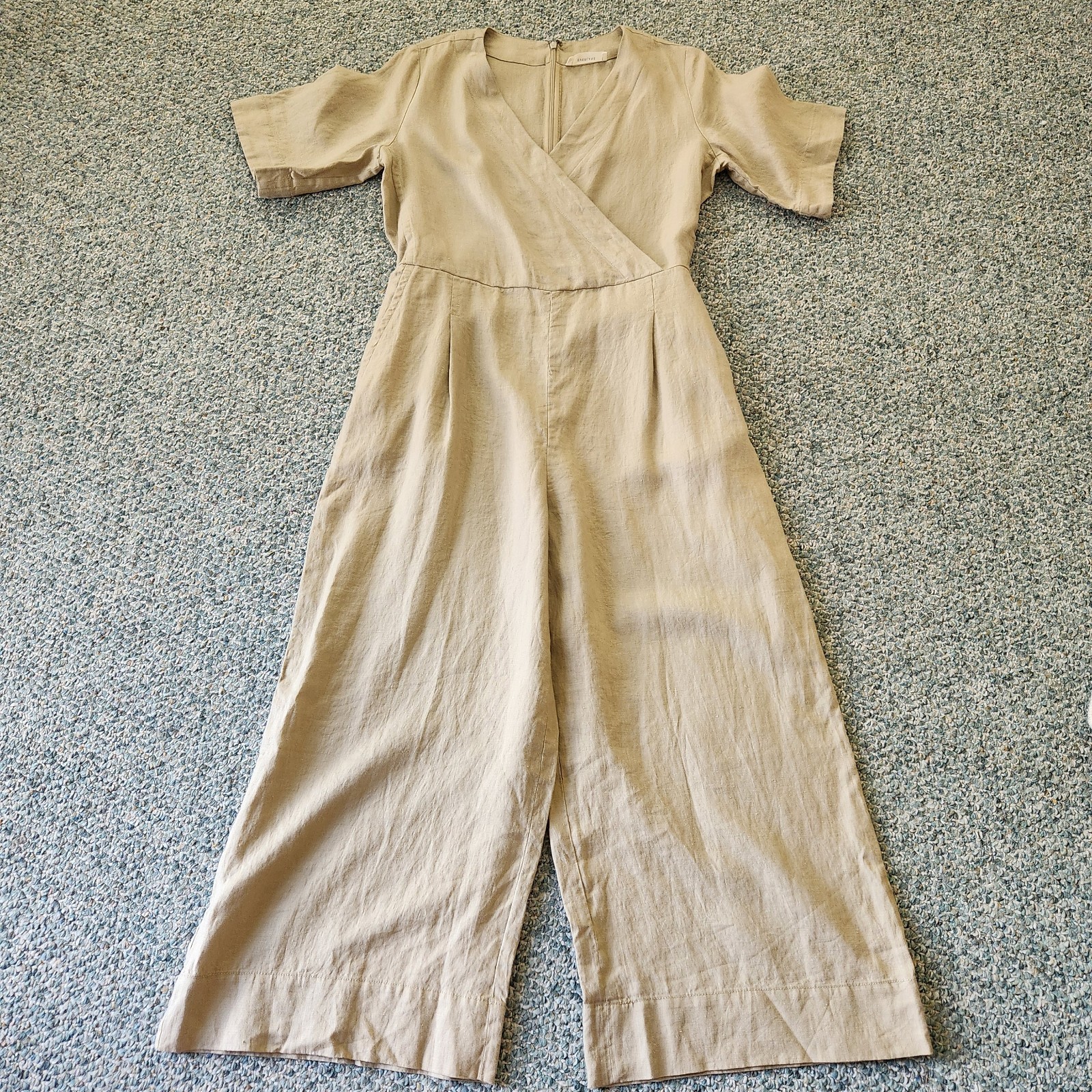 Everlane European Flax Linen Wrap Jumpsuit Belt Short Sleeve Neutral 4 Wide Leg