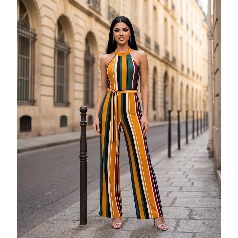 Uptown USA Lavish Couture Striped Halter Neck Wide Leg Jumpsuit Yellow Green M
