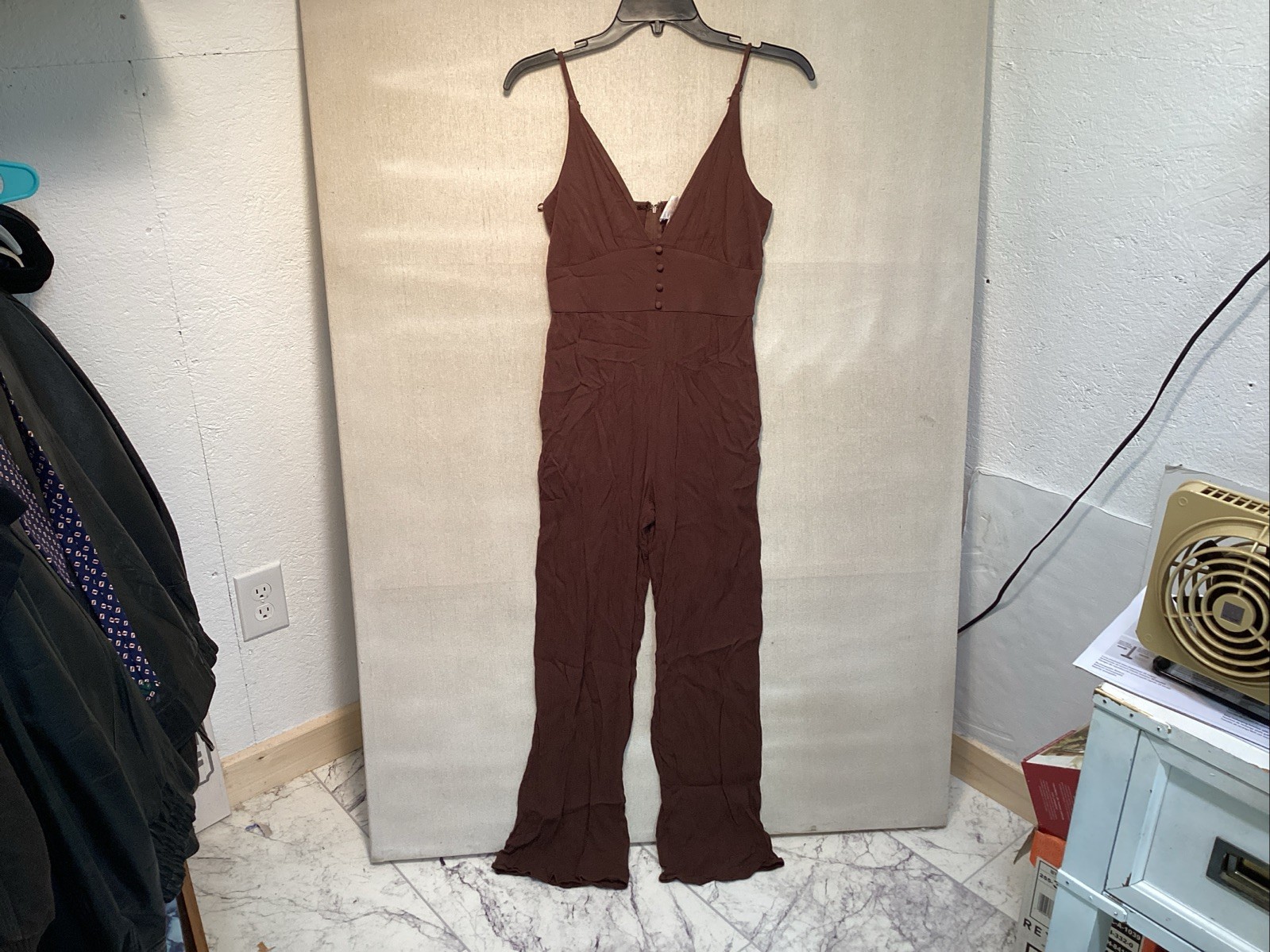 Francesca’s audrey parks jumpsuit sz S brown pockets adjustable straps