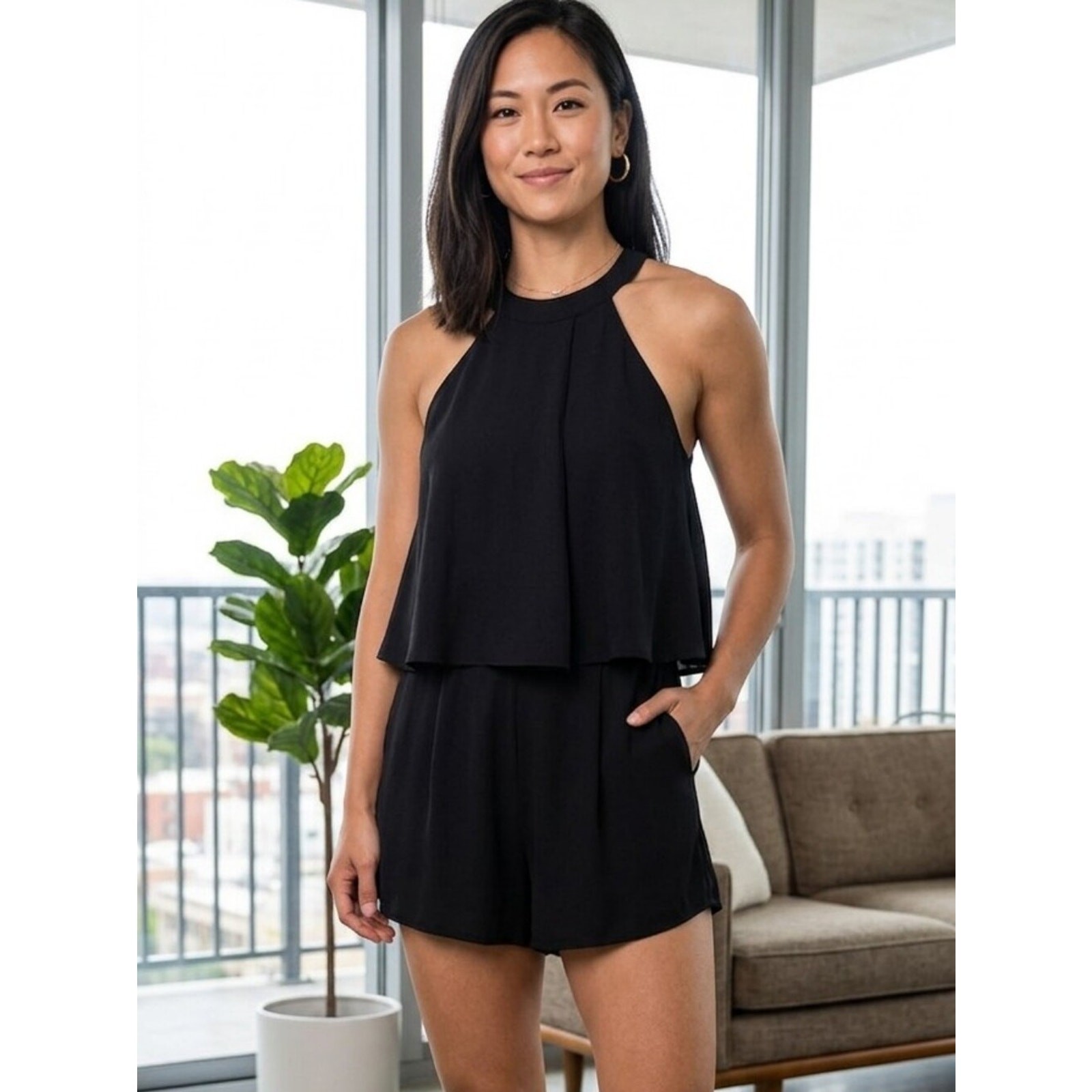 She + Sky Black Halter Romper with Layered Bodice. WS 127