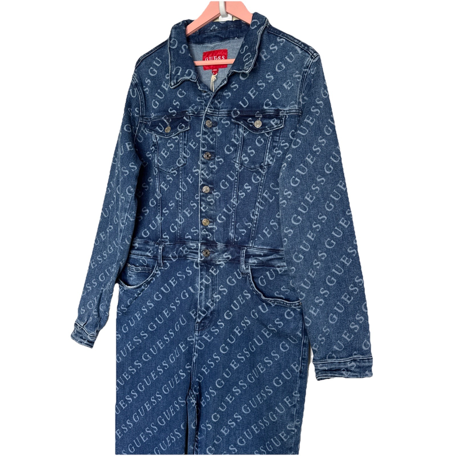 Guess Women Lorina Logo Denim Jumpsuit Medium Wash Blue Size XL NWT