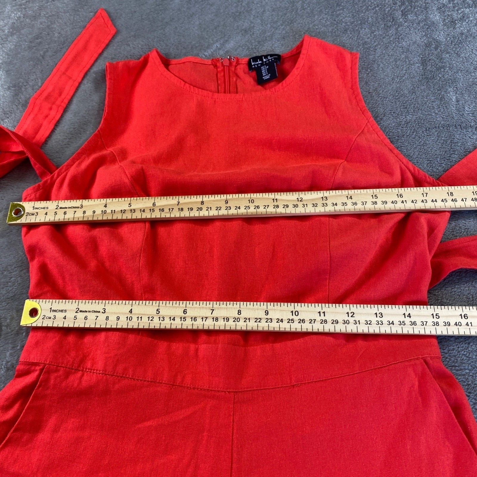 Nicole Miller Jumpsuit Women 8 Red Wide Leg Sleeveless Tie Waist Linen Blend