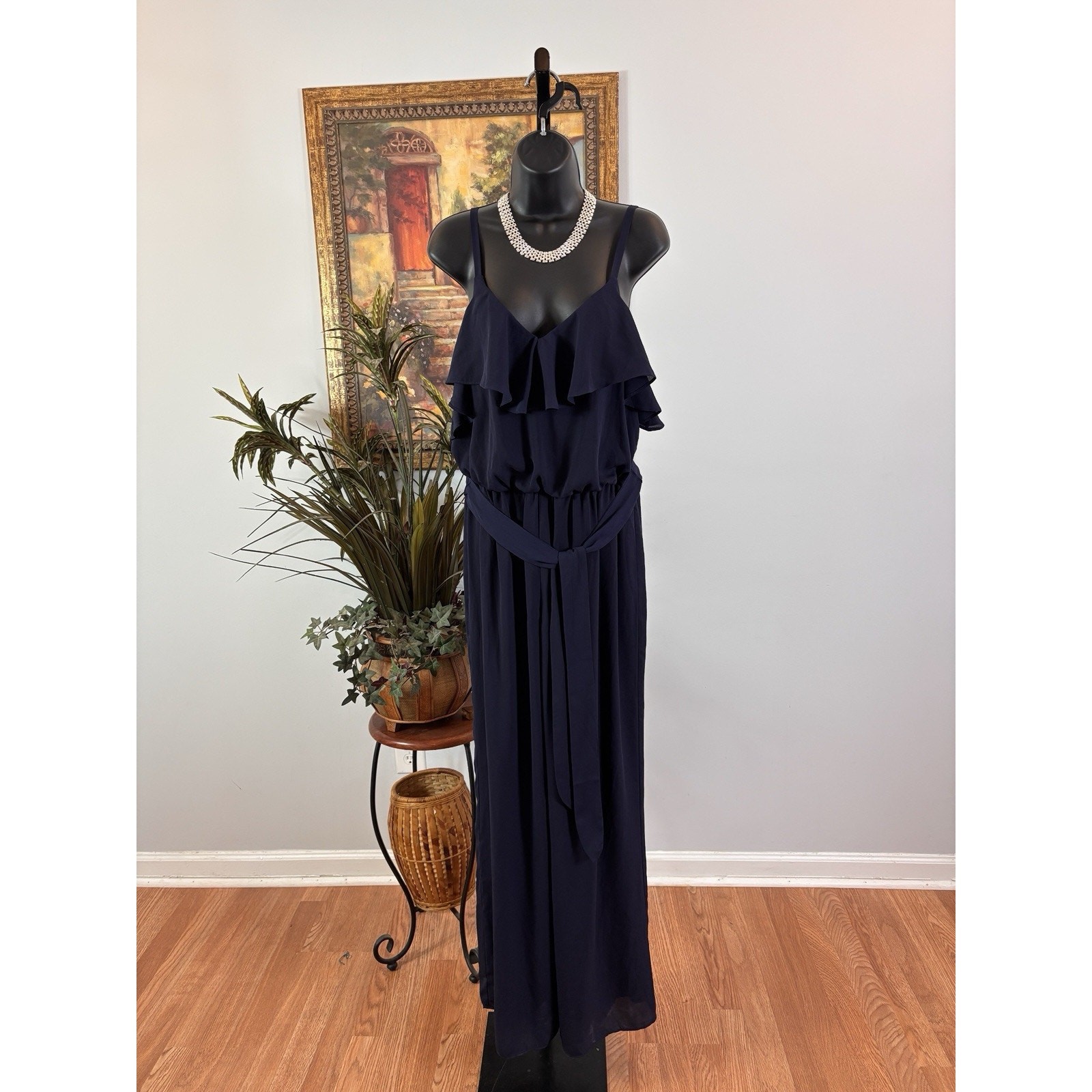 Adrianna Papelle Woman Size 10 Jumpsuit Belted V-Neck With Ruffle Details Navy