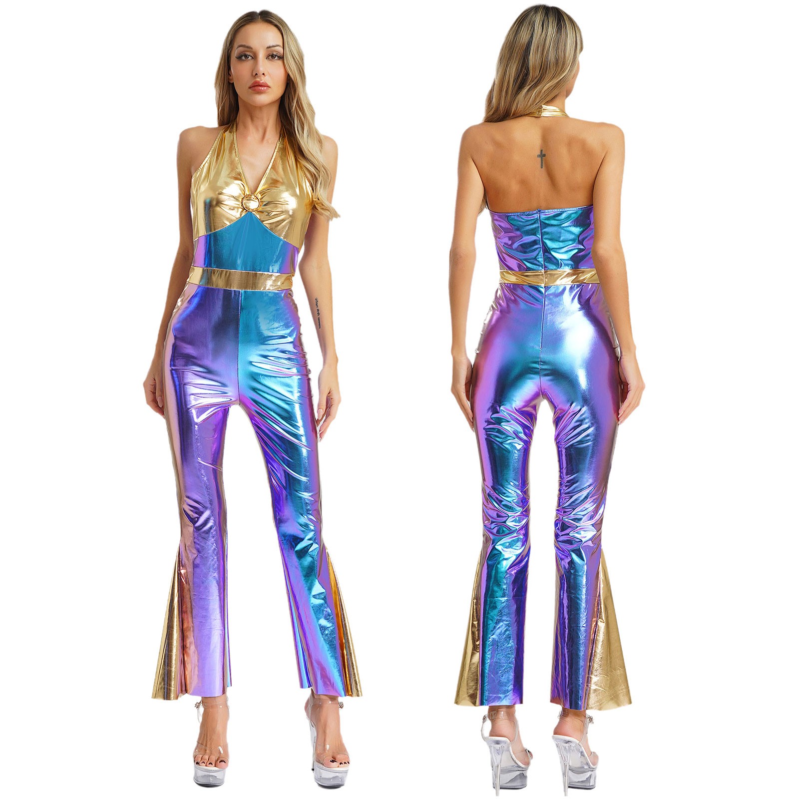 US Womens Shiny Metallic Flared Jumpsuit 70s 80s Disco V Neck Halloween Costume