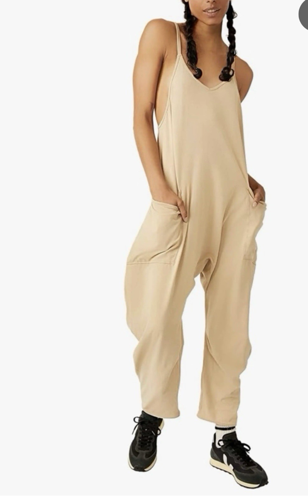 Beige Sleeveless Relaxed Jumpsuit Scoop Neck Tapered Leg Pockets Women