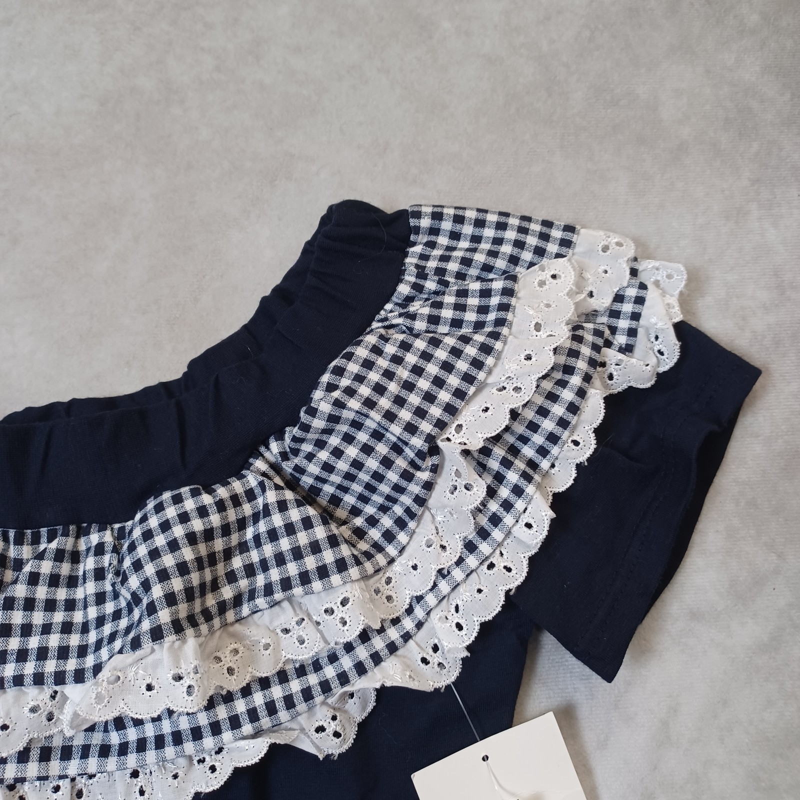 Retro 60s Ruffle Playsuit Romper Womens XS Gingham Off The Shoulder Lolita Navy