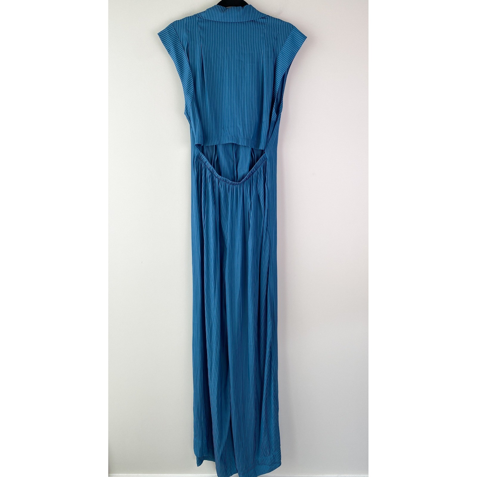 Free People Shasta Jumpsuit S Blue Wide Leg Silky One Piece Stripe Jewel Tone