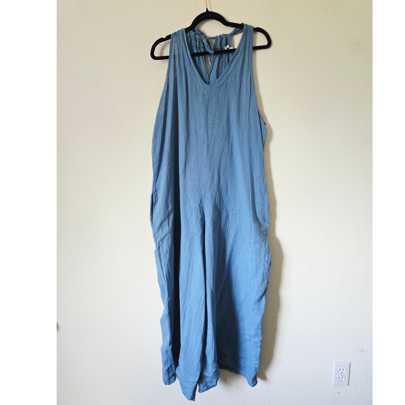 Made in Italy Womens Blue 100% Linen Wide Leg Tie Back Loose Jumpsuit Overalls