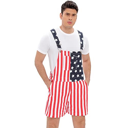 WIDEPAMY MENS WOMENS AMERICAN FLAG OVERALLS DENIM BIB SHORTS – MEN M WOMEN M