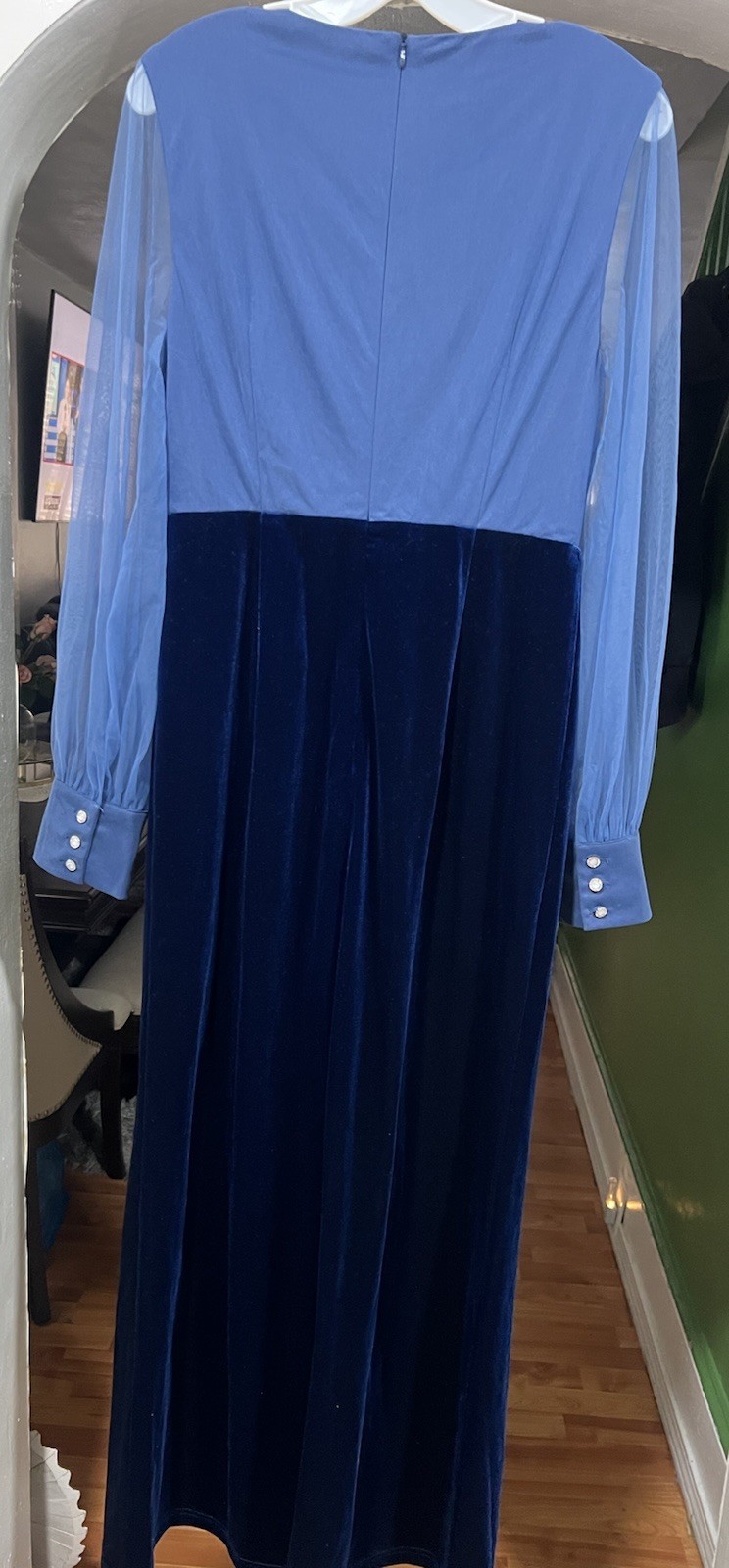 Women Royal Blue Mesh V Neck Long Sleeve Velvet Jumpsuit | fehaute Size 8