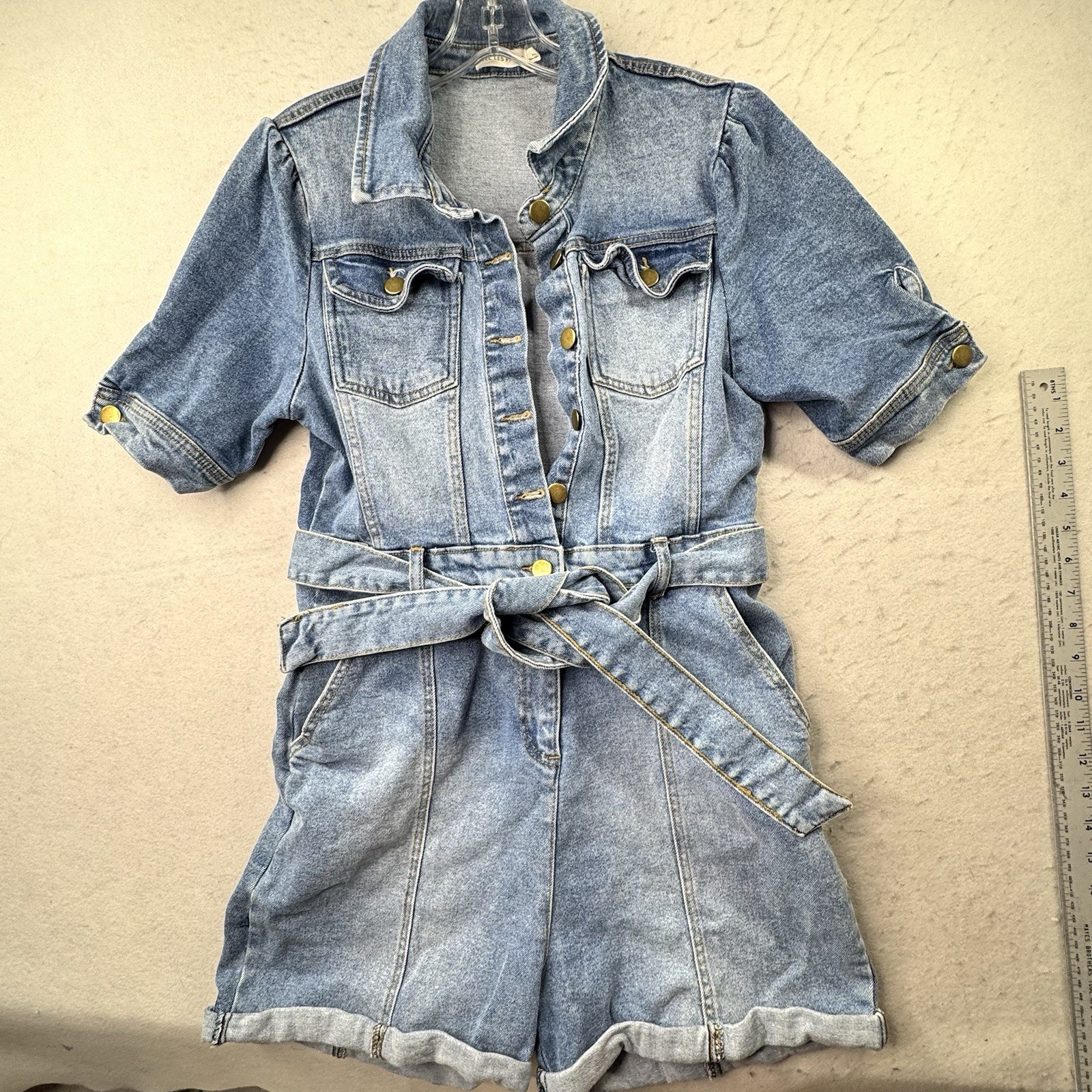 Avec Les Filles Denim Shorts Belted Romper Button-Up Jean Jumper Women’s Medium