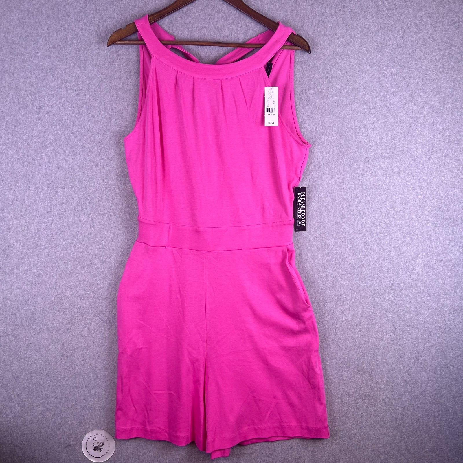 New York And Company Romper Women’s Medium Pink Side Pockets Tie Back Preppy NWT