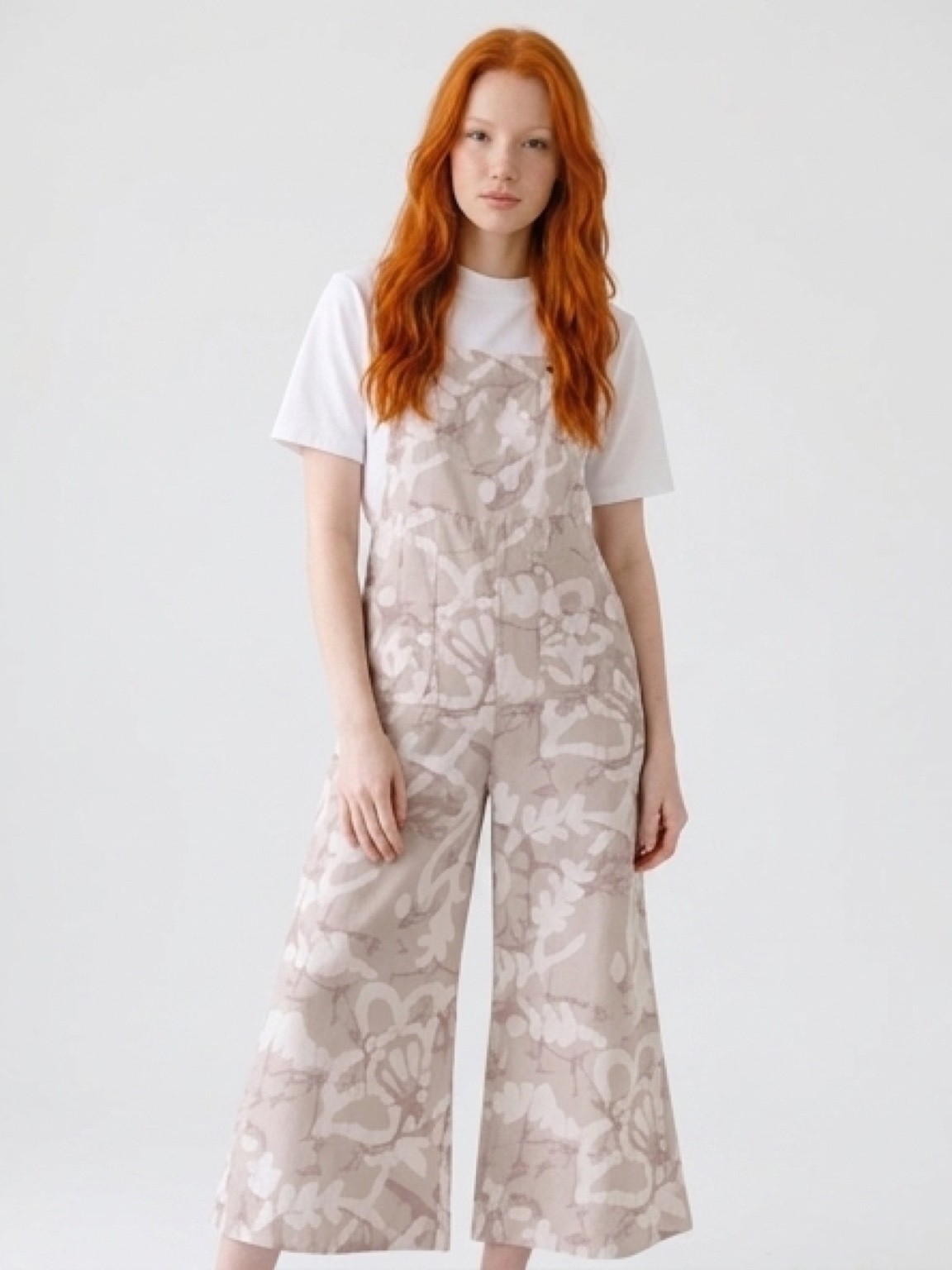 Anthropologie Overalls Size M Botanical Flower Camo Wide Leg Cotton Beige Taupe
