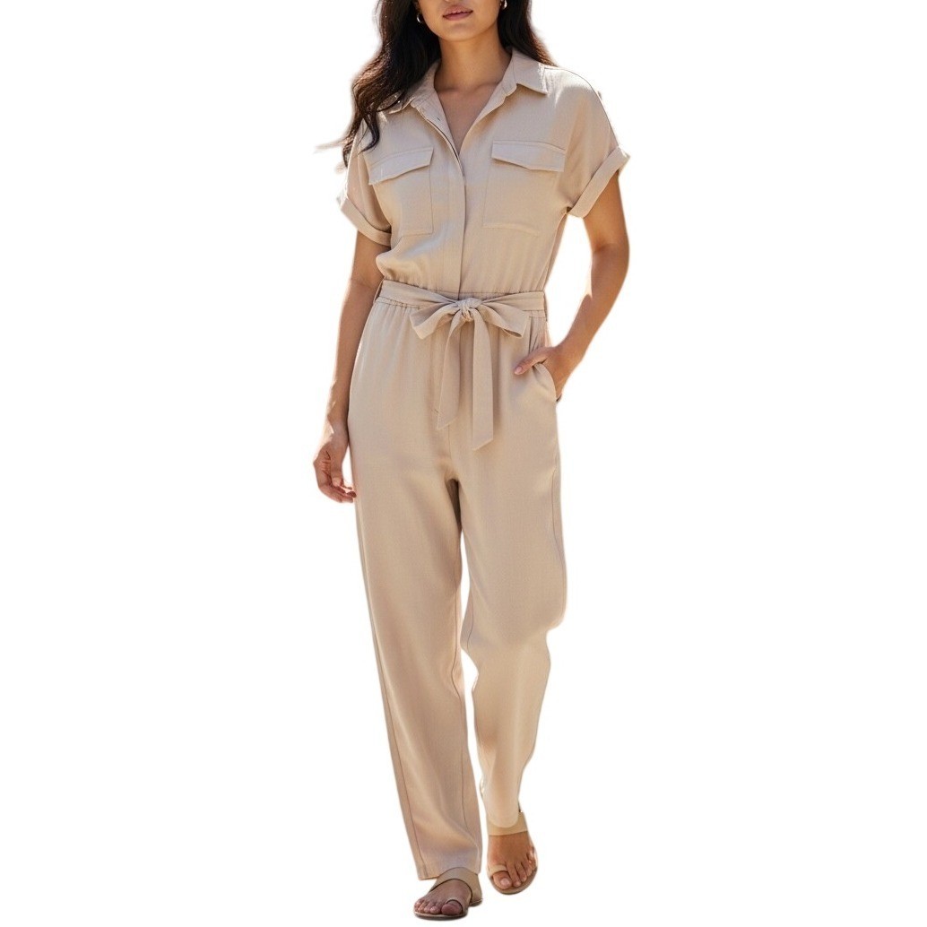 Nine West Utility Jumpsuit Size XXL Beige Tan Short Sleeve Tie Waist Pockets