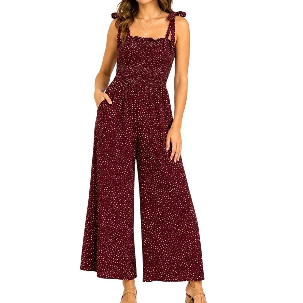 BP. Palazzo Wide Leg Polka Dot Burgundy Red Smocked Cinch Tie Boho Jumpsuit XS