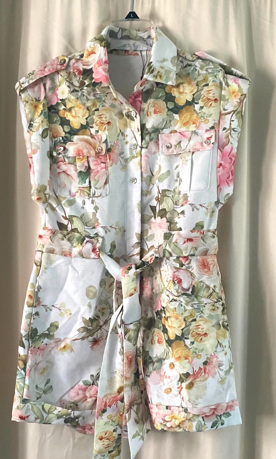 EB Luxe Floral Belted Romper Women’s S Button Front Cuffed Sleeve Pockets