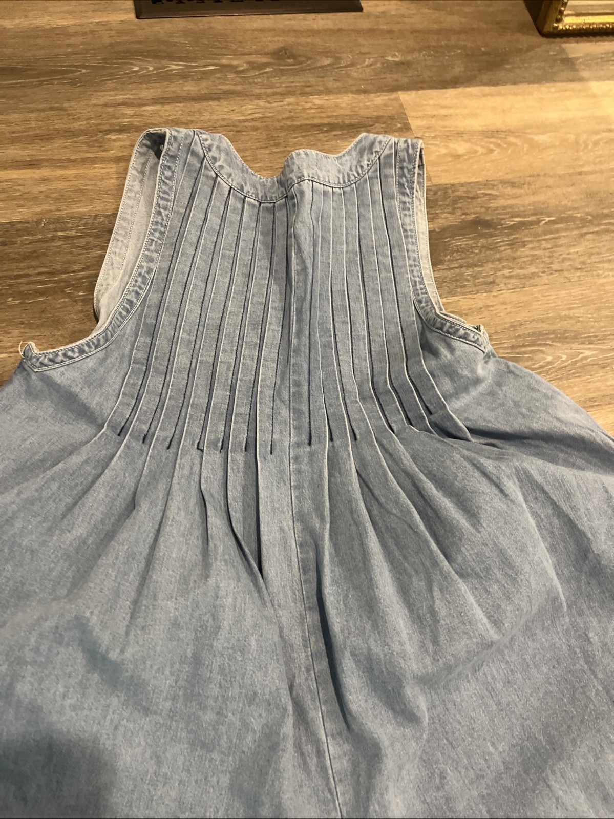 Veveret Light Wash Denim Pleated Babydoll Romper Sleeveless Blue Medium