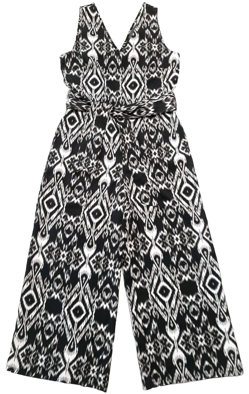 Worthington Sz 8 Jumpsuit Romper Belted Tie Waist Black White Aztec Tribal Boho