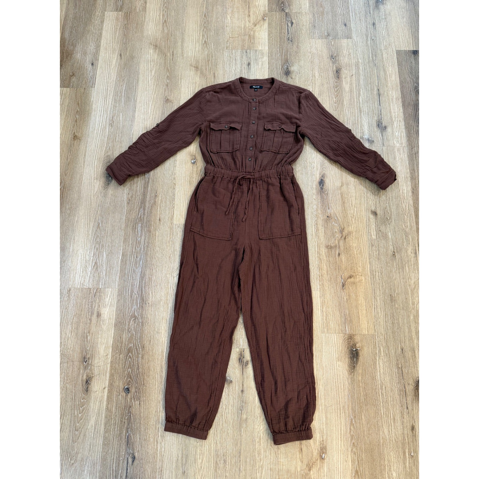 Madewell Jumpsuit Sz 0 Brown Cotton Gauze Utility Button Front LongSleeve Earhy