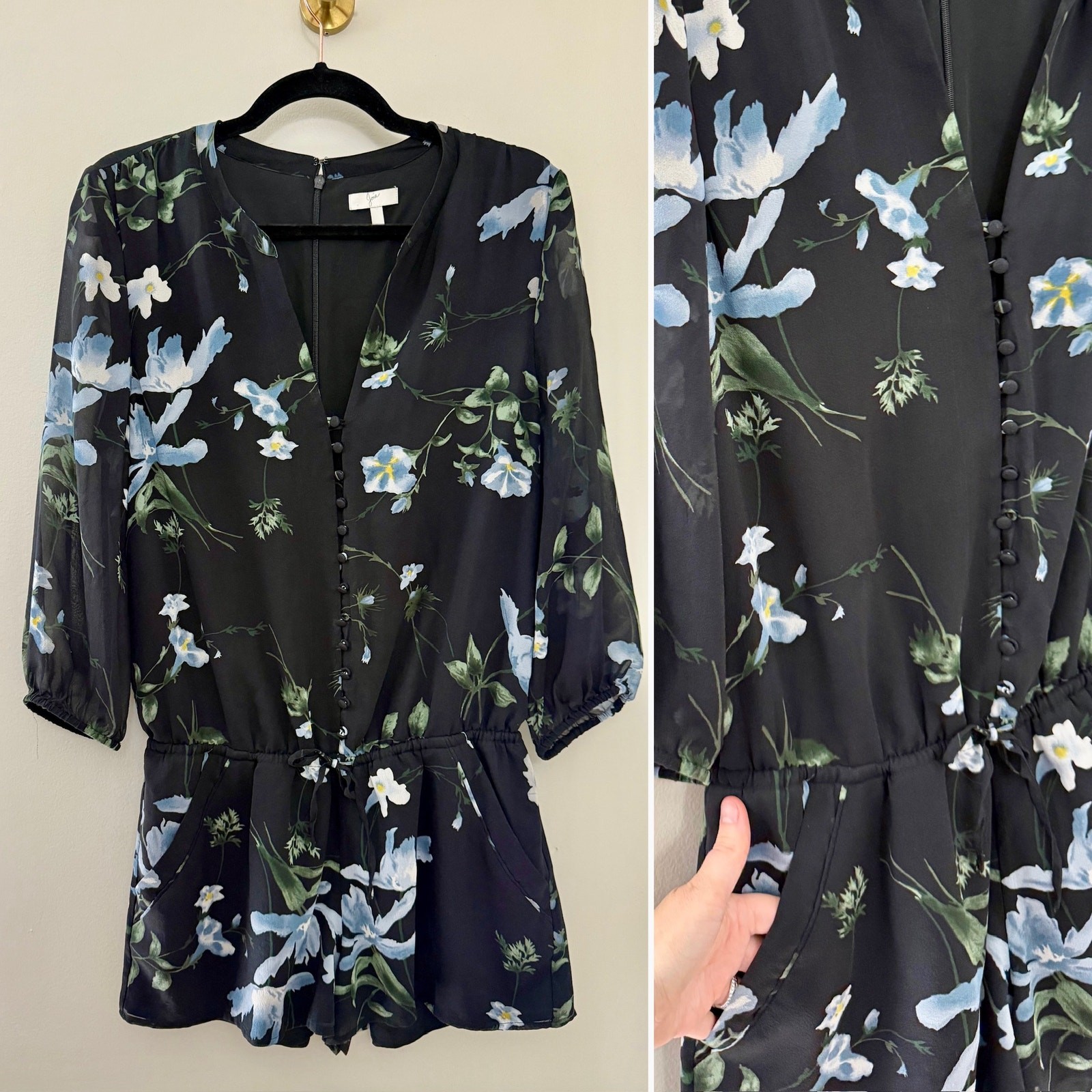 Joie Feminine Classic Romantic Black Floral Silk V-Neck Tie Waist Silk Romper M