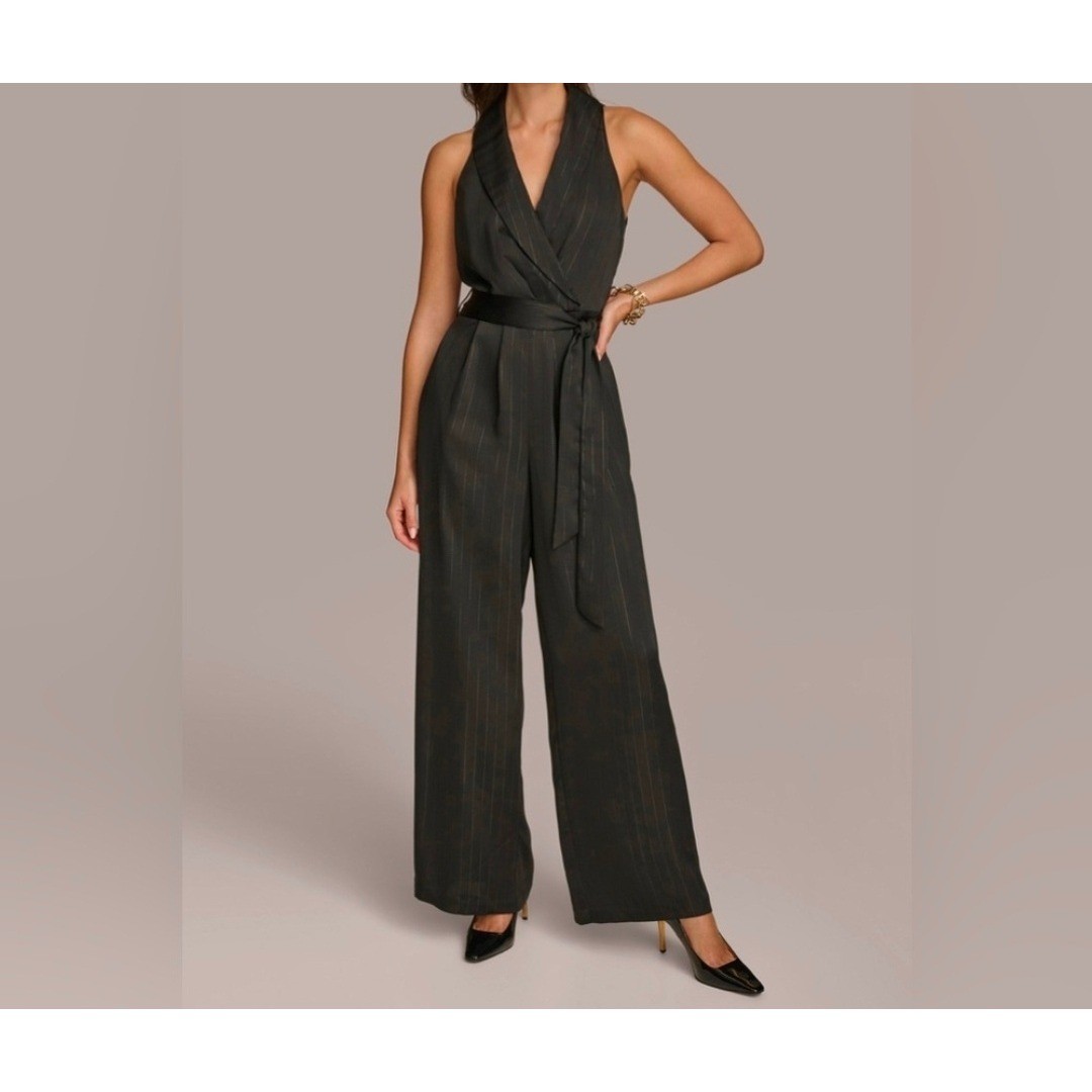 Donna Karan Pinstripe Wide Leg Halter Neck Jumpsuit Black Size 10