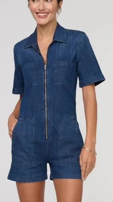DUER Performance Denim Romper Dark Wash Zip Front Utility Size Small