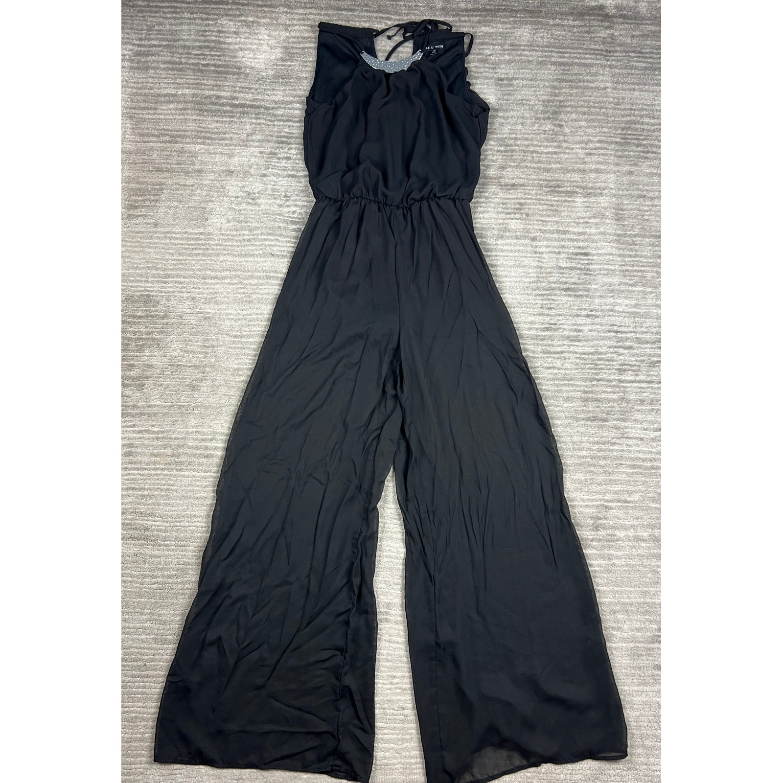 As U Wish Jumpsuit Womens XS Black Beaded Halter Wide Leg Formal 18861 50A1