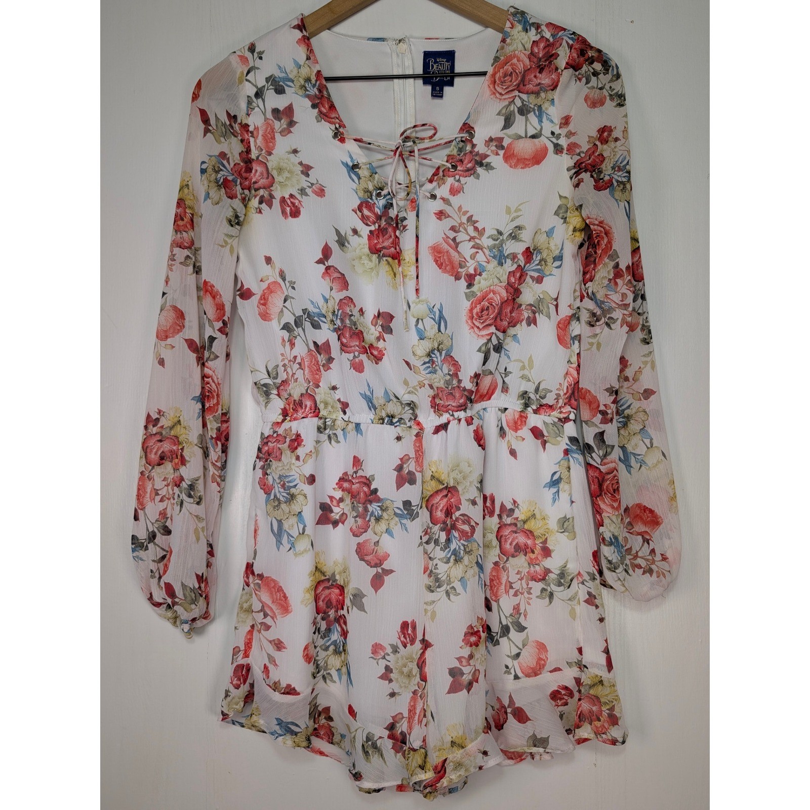 Disney Beauty and the Beast Floral Romper White Rose Lace Up Long Sleeve Small