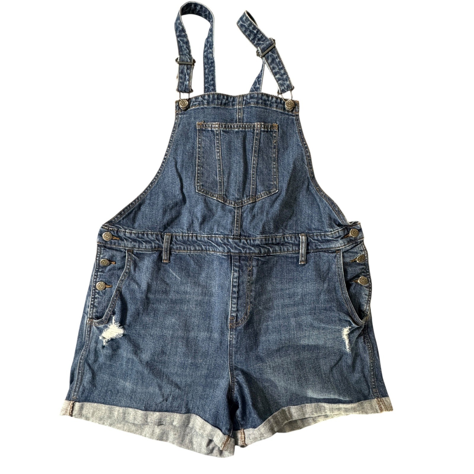 Old Navy Womens Denim Shortalls Medium Wash Distressed Cuffed Overalls XL