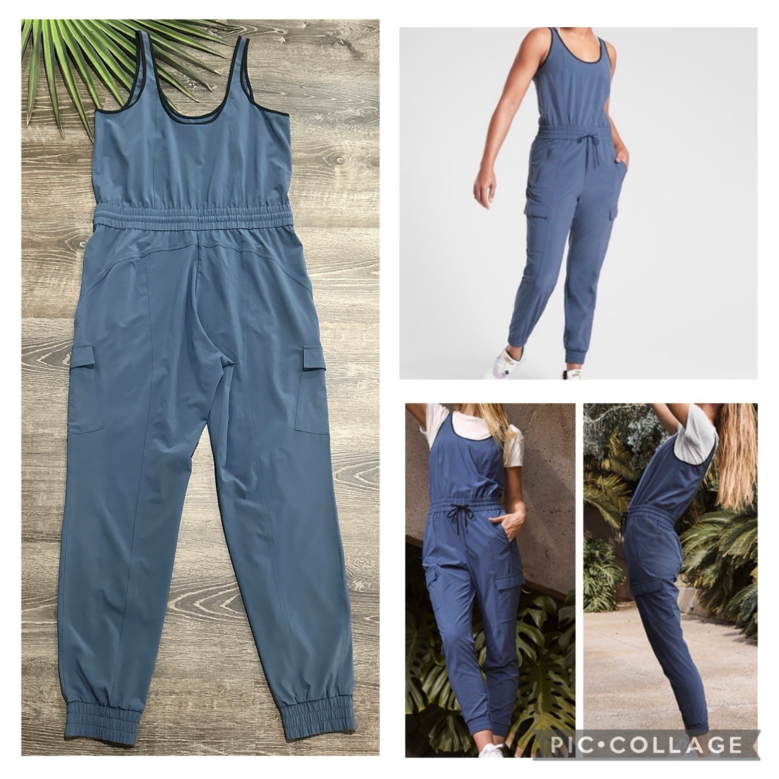 Athleta Jumpsuit Romper Joggers M Upbound Cargo Pockets Drawstring Waist Blue