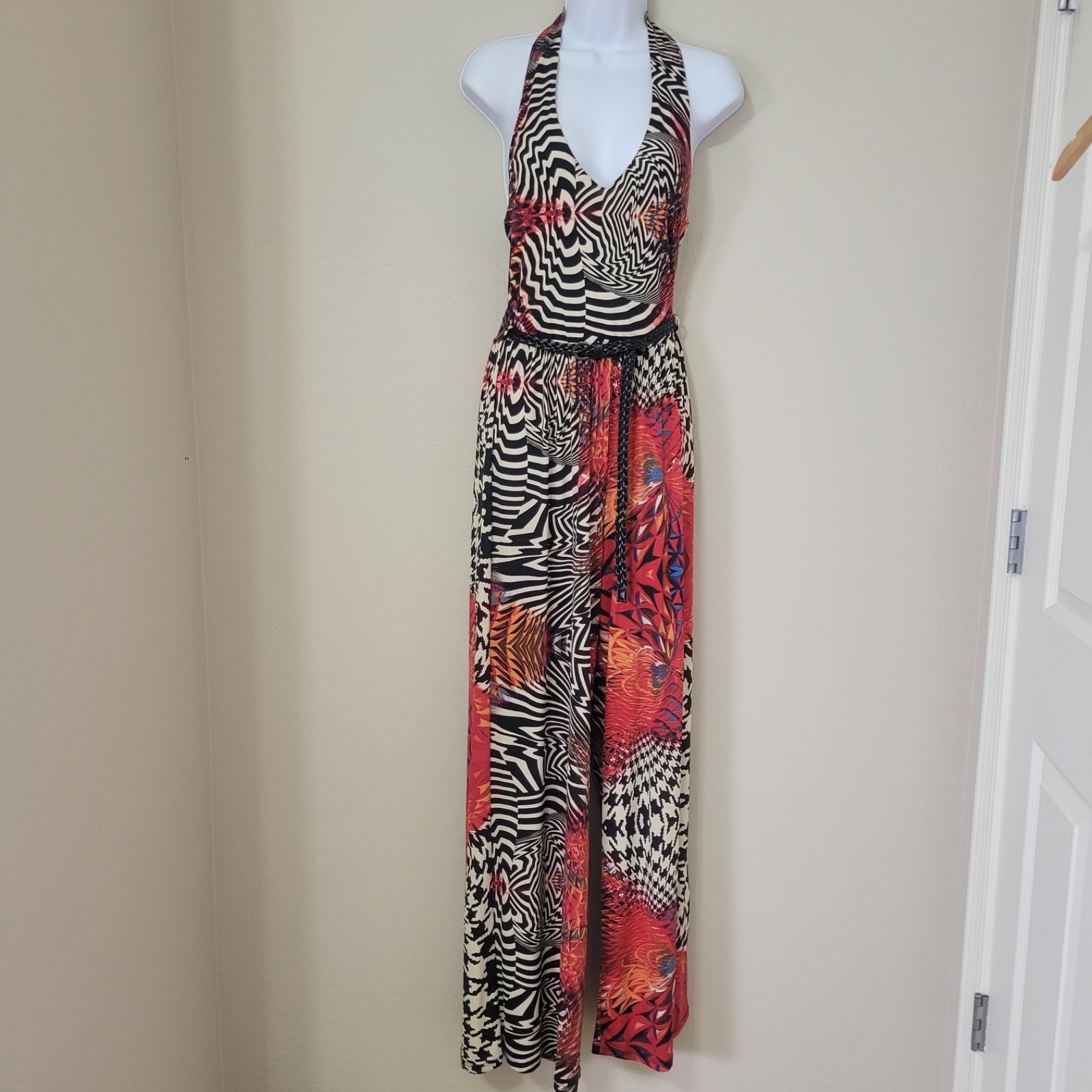 Love Culture Bold Colorful Belted Halter Jumpsuit/Jumper Size Medium Festival