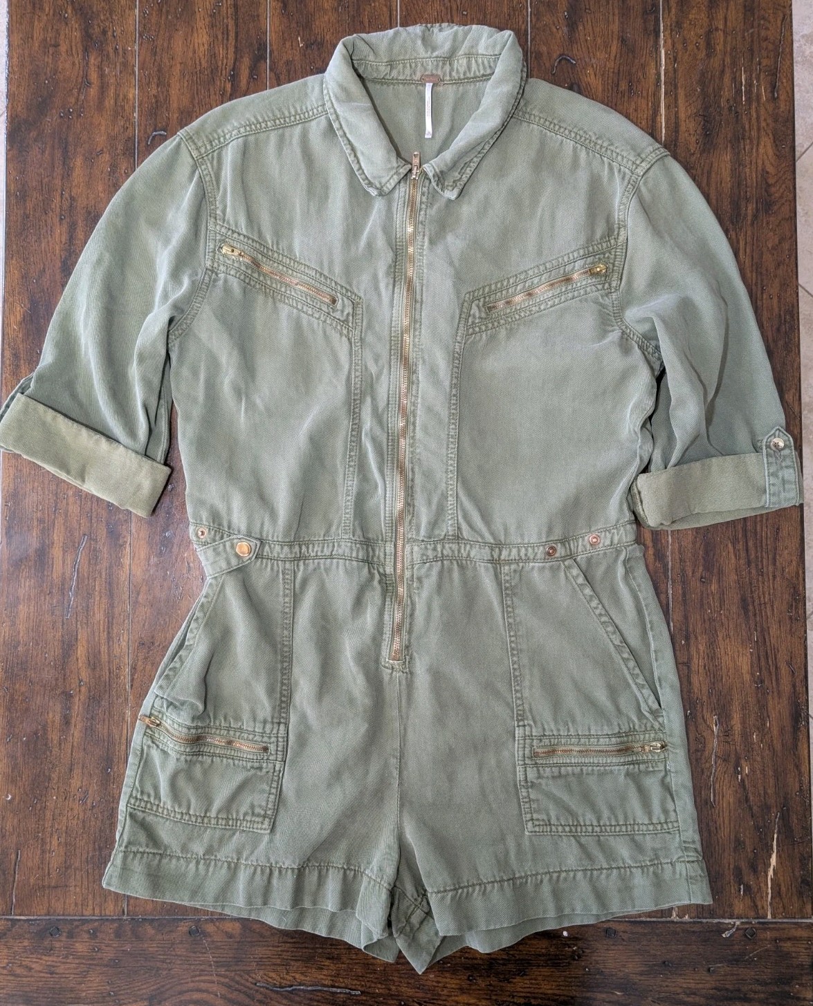Free People Isla Flight Romper 12 Army Green Zippered Jacket Style Shorts