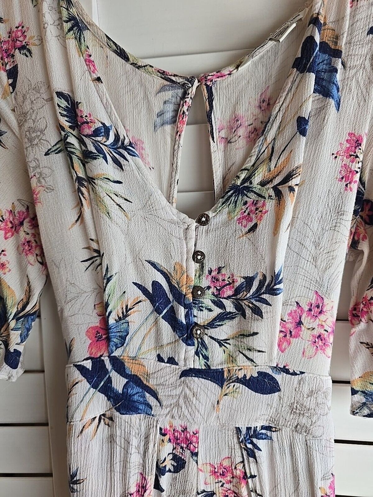 American Eagle Floral Maxi Romper Size 4 White Green Pink Open Back Kimono