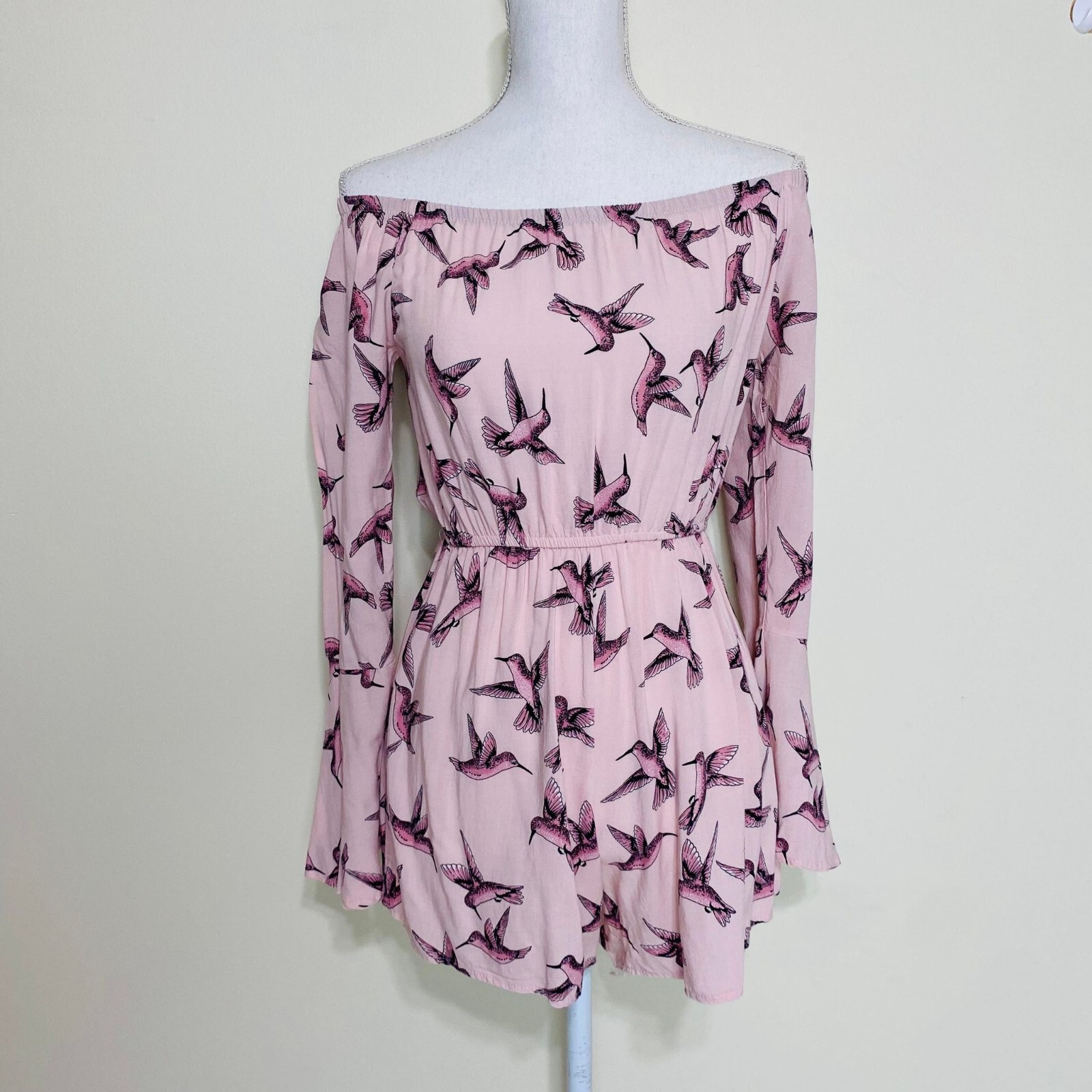 Off-Shoulder Long Sleeves Romper for Women, Pink Bird Print,Small