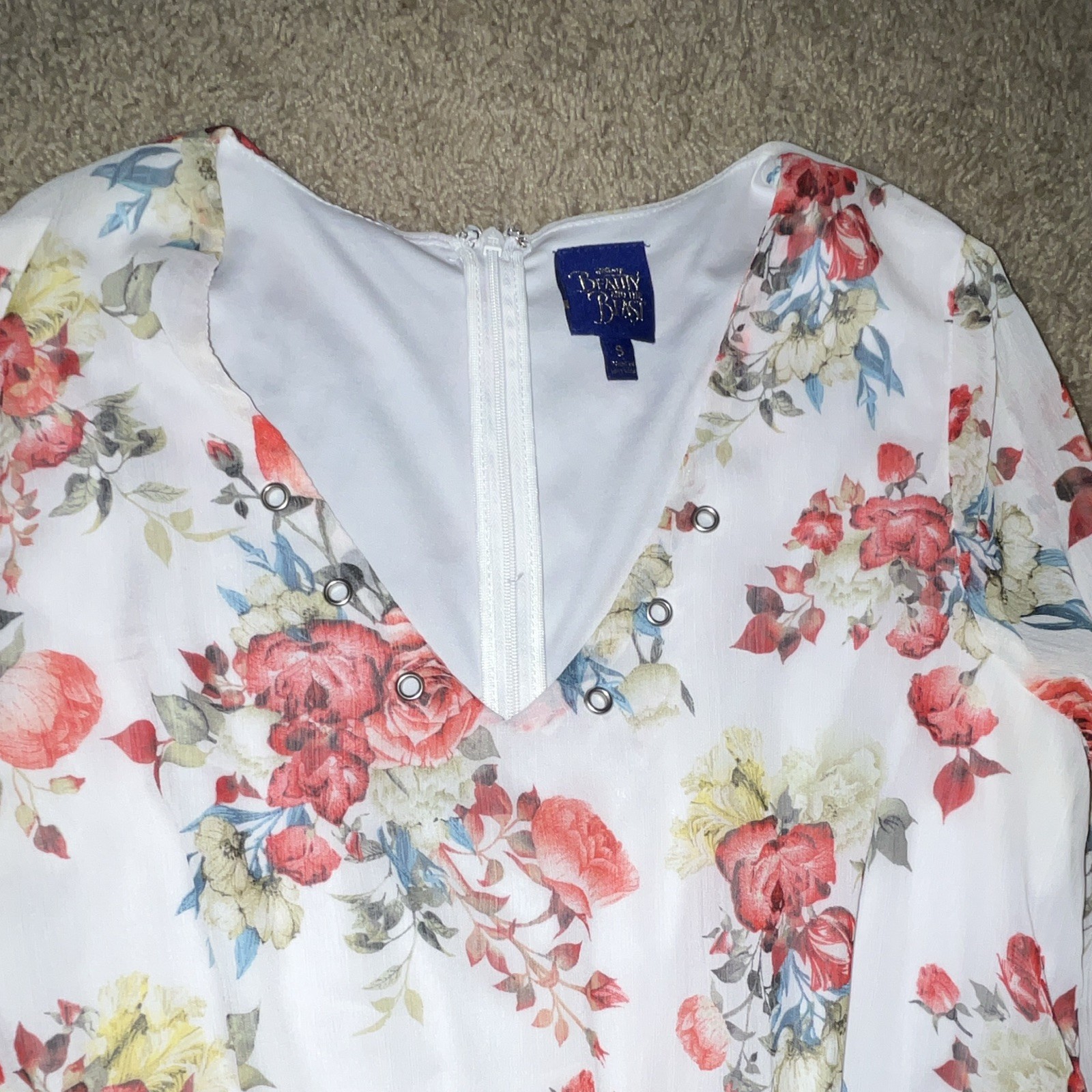 Beauty and the Beast Floral V-Neck Long Sleeve Ruffle Romper White S