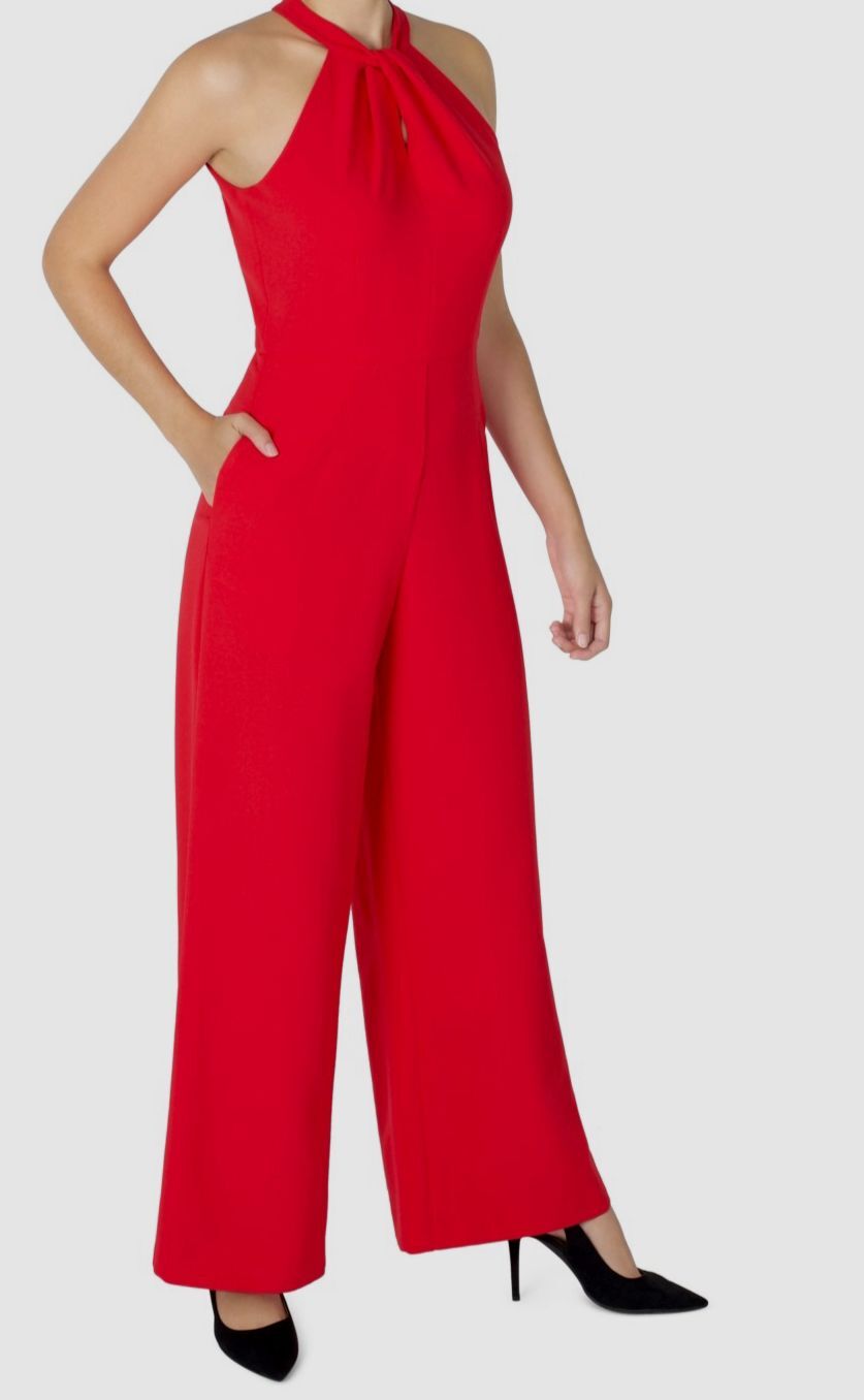 Julia Jordan Women’s Red Twisted Halter-Neck Wide-Leg Jumpsuit Size 10