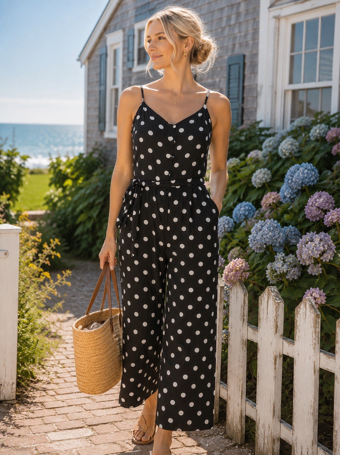J.Crew Polka Dot Sleeveless Jumpsuit Black White Wide Leg Tie Waist 4 Classic