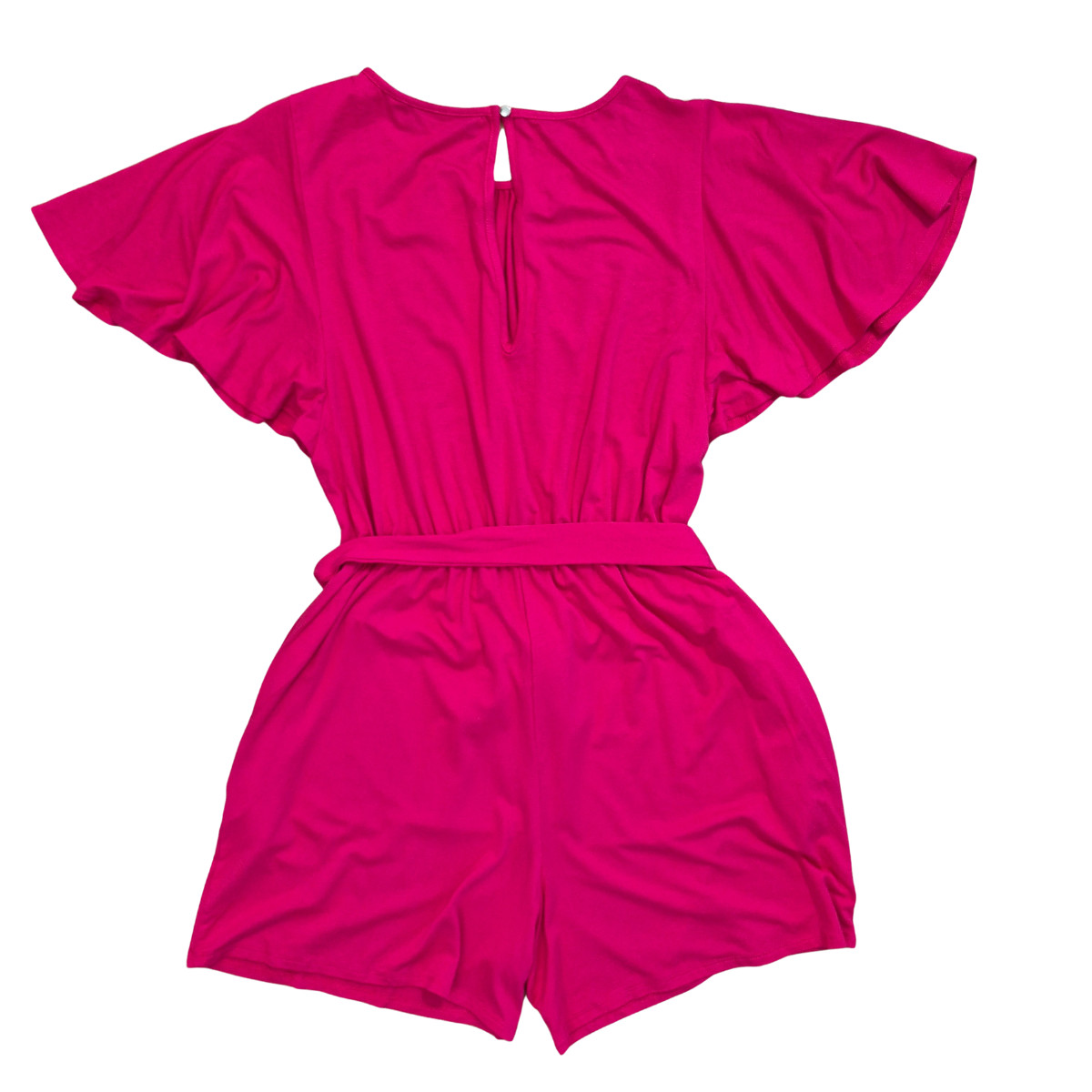 NY&C Fuchsia Pink Romper Sz M Belted Waist, Flutter Slee, Pockets. Travel