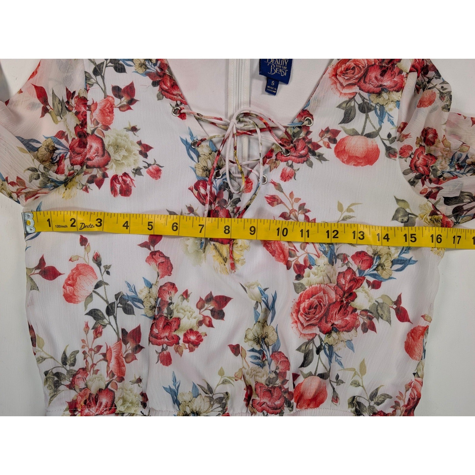 Disney Beauty and the Beast Floral Romper White Rose Lace Up Long Sleeve Small