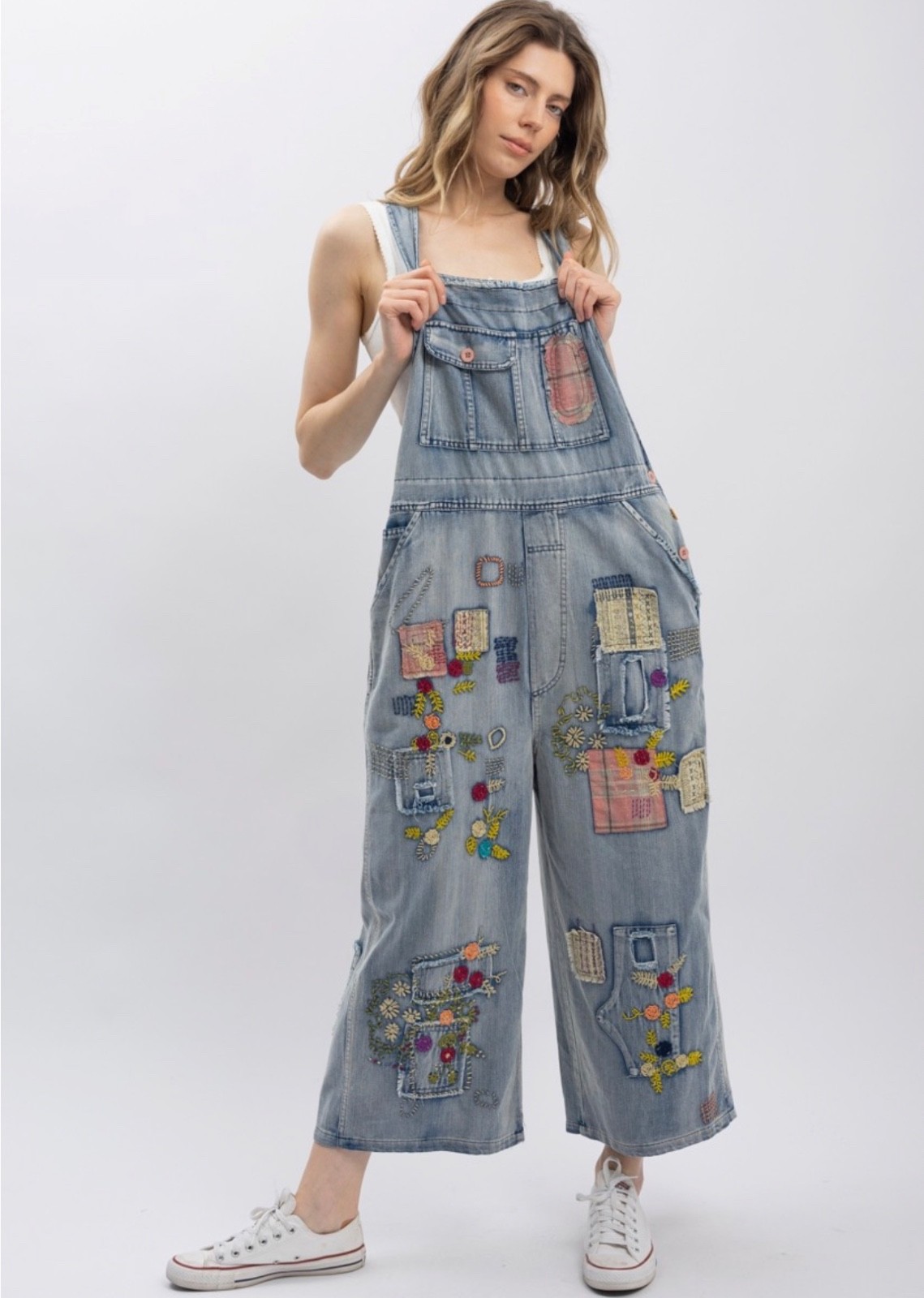 Blue Velvet Embroidered Denim Overalls -Small