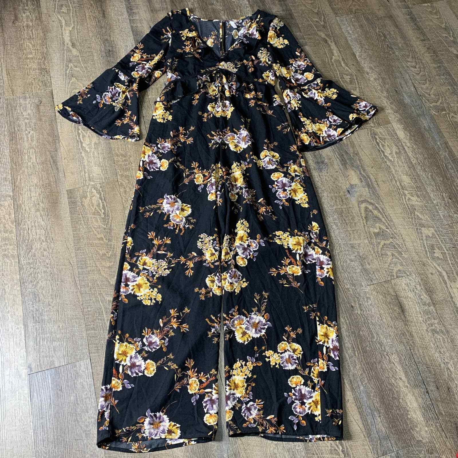Xhilaration Womens Jumpsuit Size Medium Black Floral Flared Sleeves Wide Legs