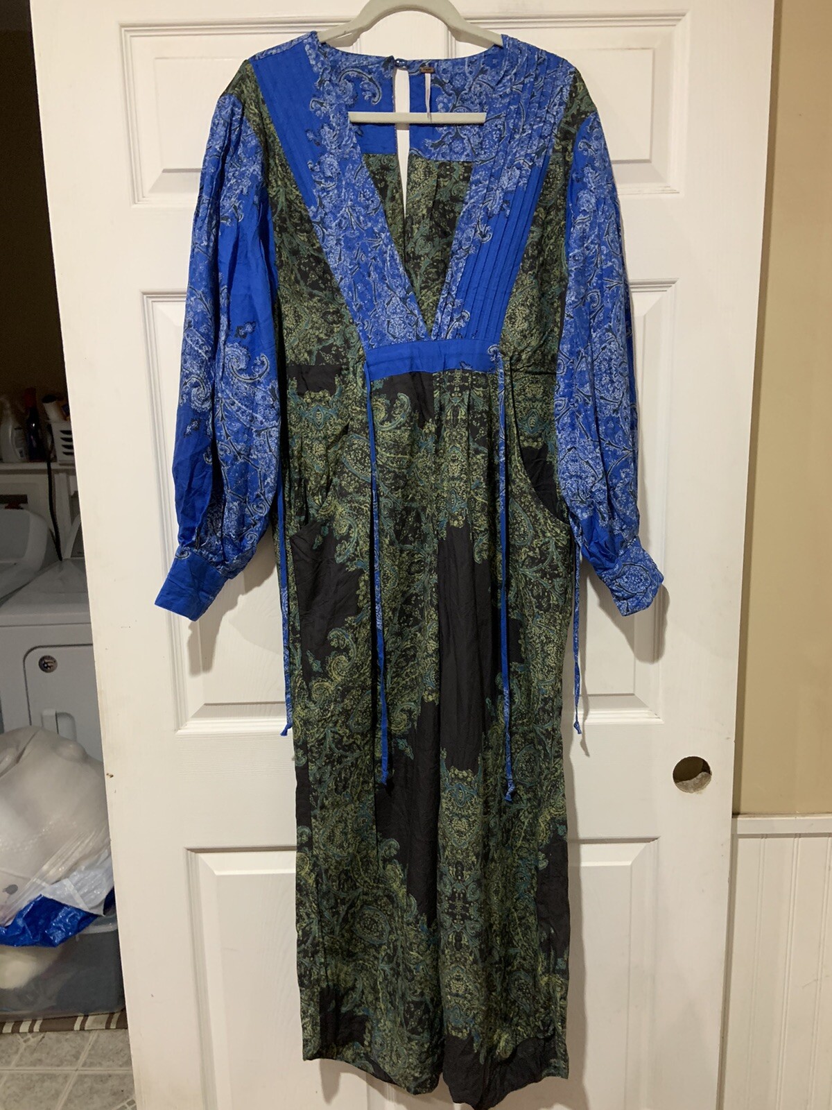 Free People Sz M Boho Jumpsuit Pockets Wide Leg Side Ties Balloon Sleeves EUC