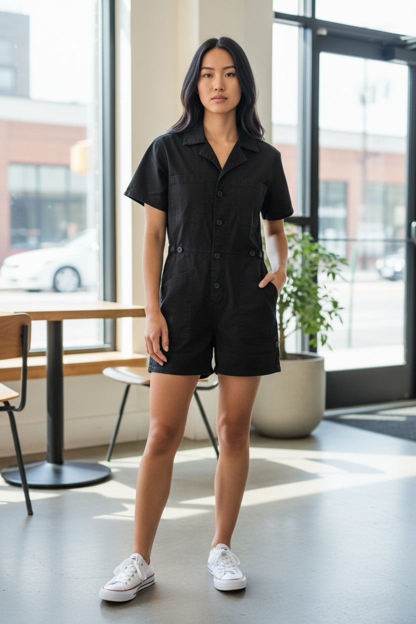 Pistola Romper XS Womens Black Short Sleeve Collared Cotton Casual Solid Button