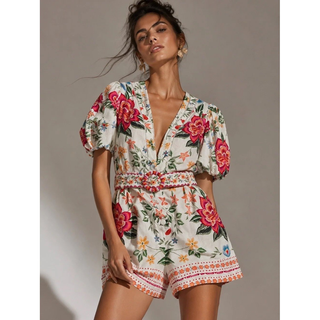 Caroline Constas Floral Linen Blend Romper Beaded Belt Puff Sleeve White Multi 8